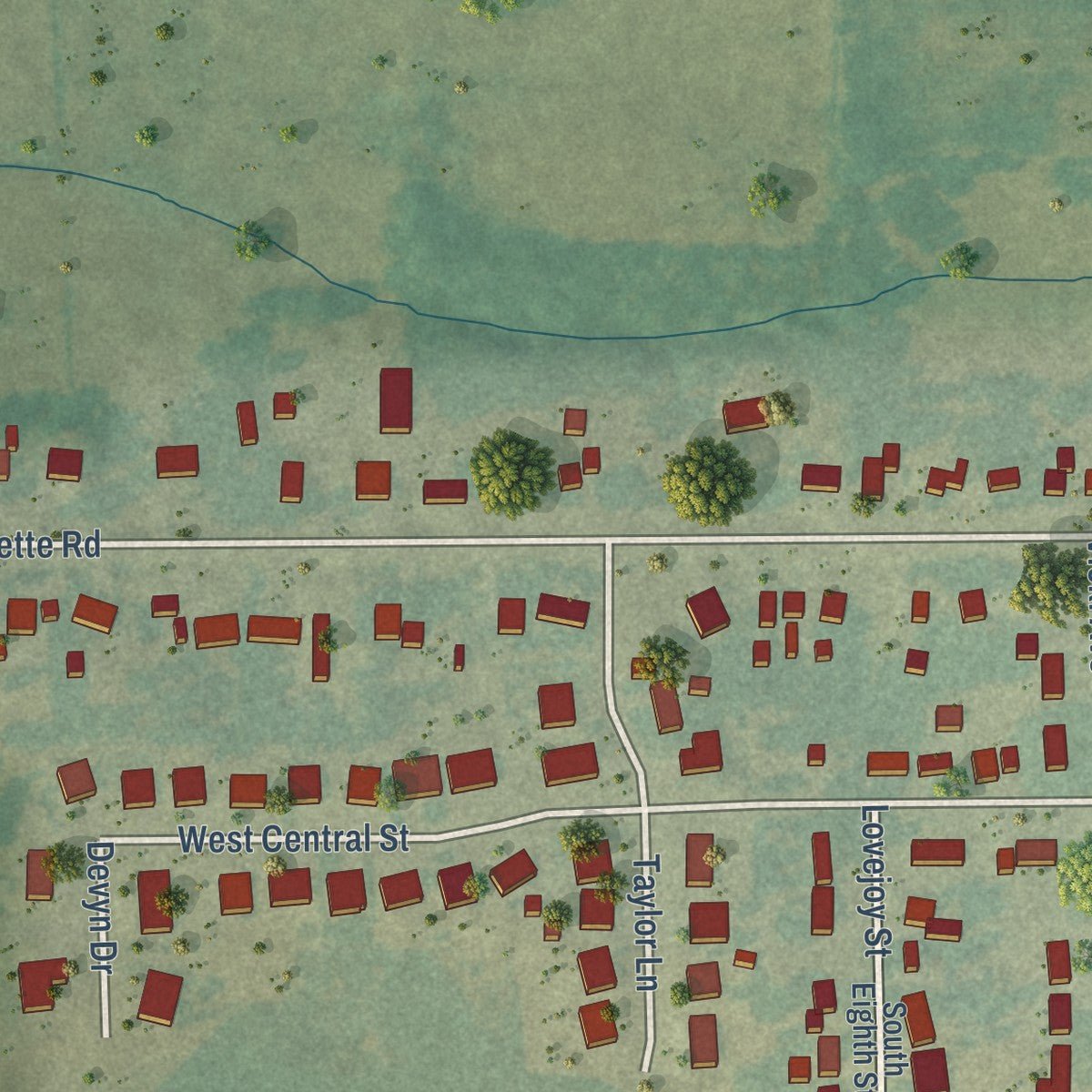 Second close-up of the map of Raymond, Iowa print showing more streets and buildings