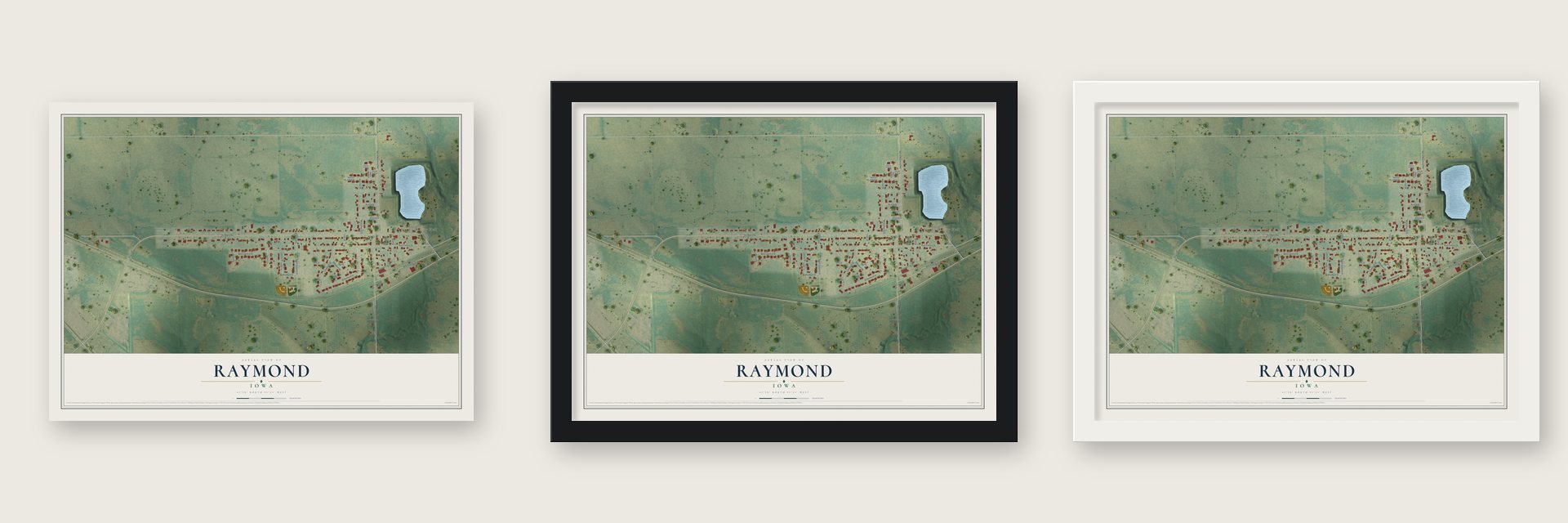Raymond, Iowa map unframed, in a black wood frame and in a white wood frame