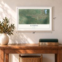 Raymond, Iowa map, 12 x 18 inch print in a white frame in an entryway