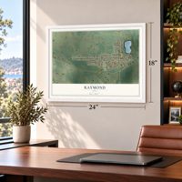 Raymond, Iowa map, 18 x 24 inch print in a white frame in a home office