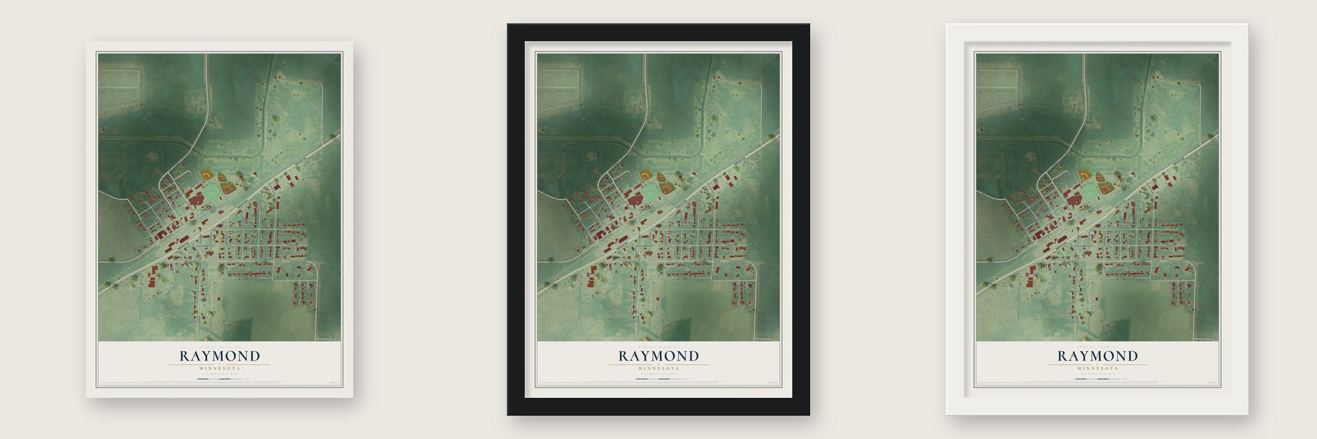 Raymond, Minnesota map unframed, in a black wood frame and in a white wood frame