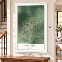 Raymond, Minnesota map, 24 x 36 inch print in a white frame by a staircase