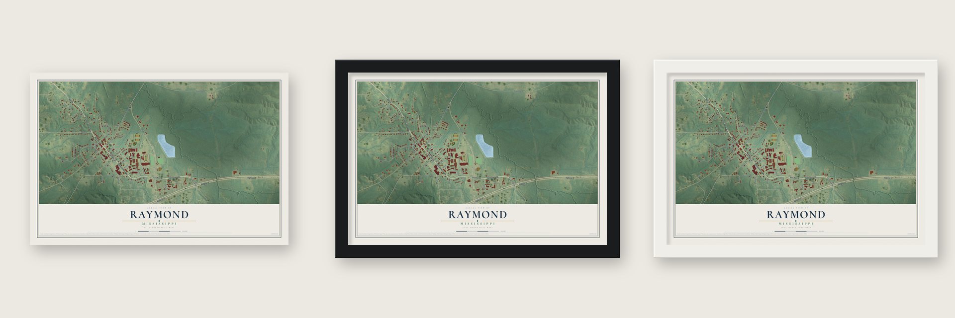 Raymond, Mississippi map unframed, in a black wood frame and in a white wood frame