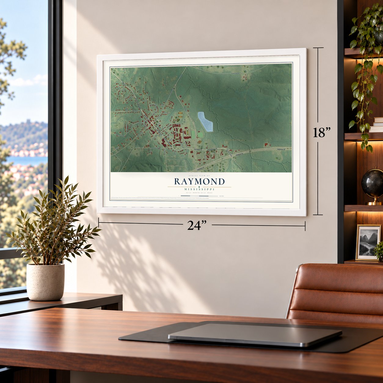 Raymond, Mississippi map, 18 x 24 inch print in a white frame in a home office