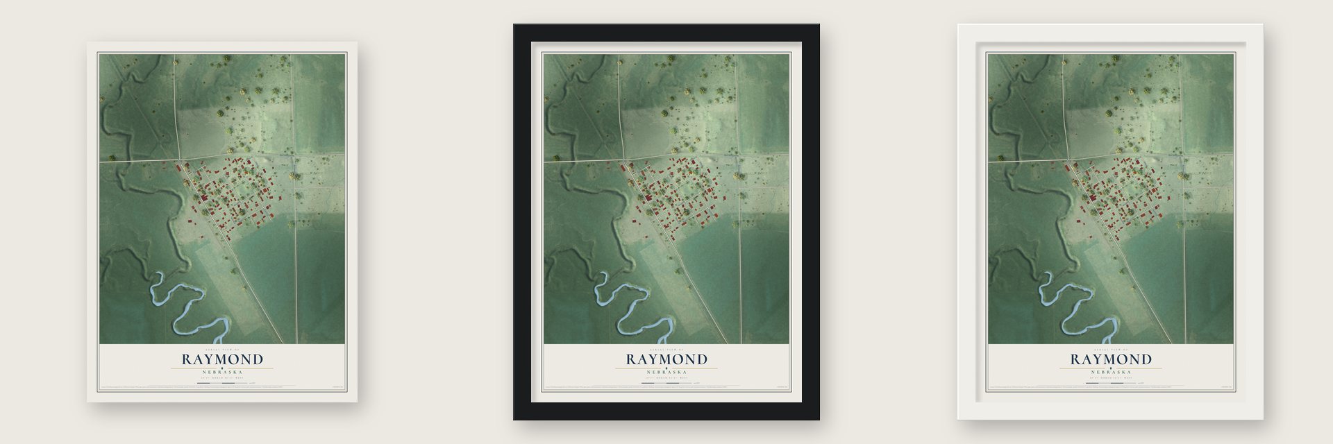 Raymond, Nebraska map unframed, in a black wood frame and in a white wood frame