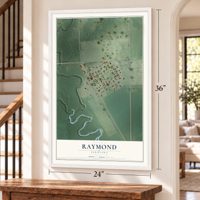 Raymond, Nebraska map, 24 x 36 inch print in a white frame by a staircase