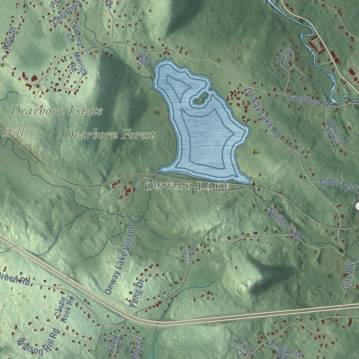 Second close-up of the map of Raymond, New Hampshire print showing more streets and buildings