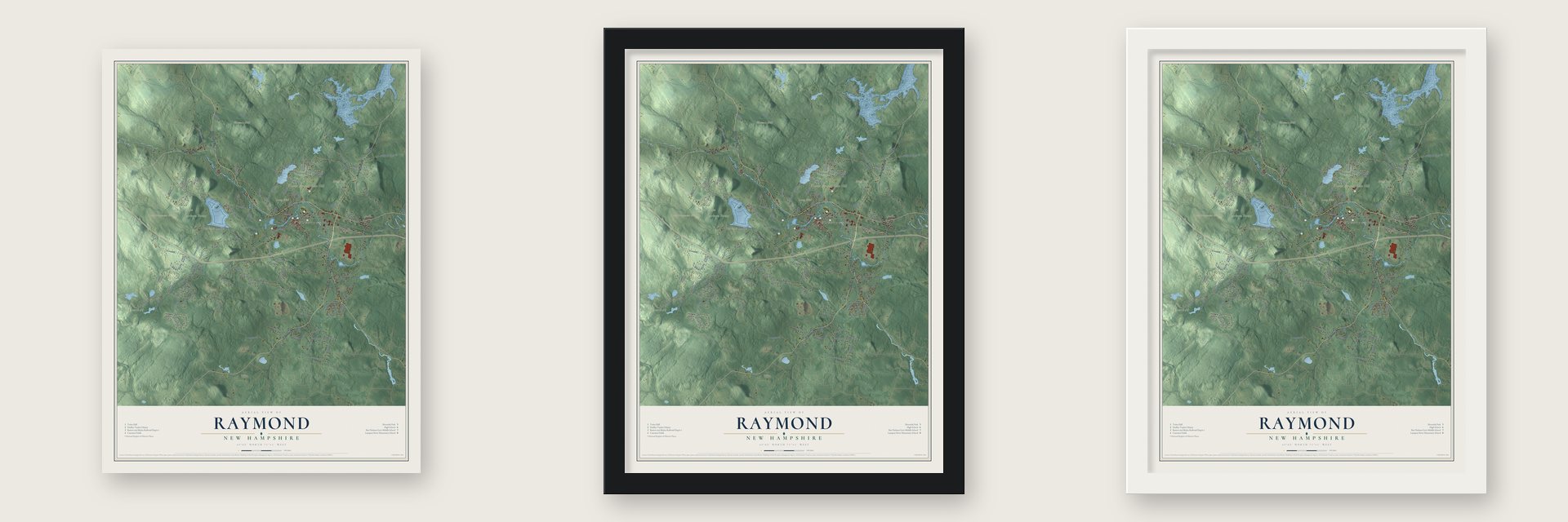 Raymond, New Hampshire map unframed, in a black wood frame and in a white wood frame