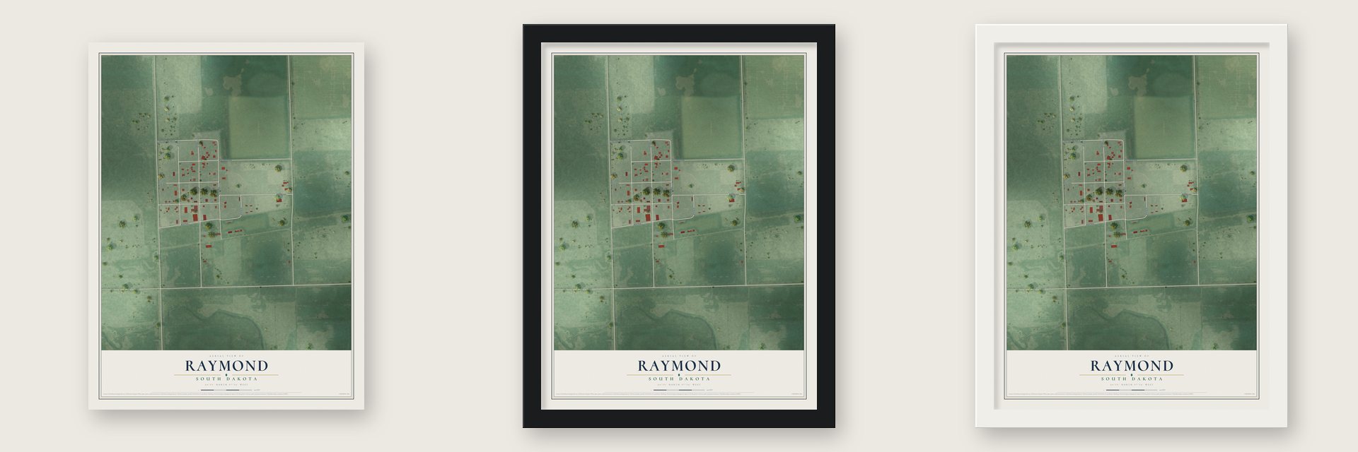 Raymond, South Dakota map unframed, in a black wood frame and in a white wood frame