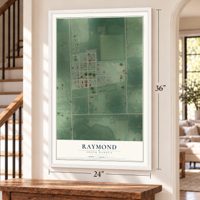 Raymond, South Dakota map, 24 x 36 inch print in a white frame by a staircase