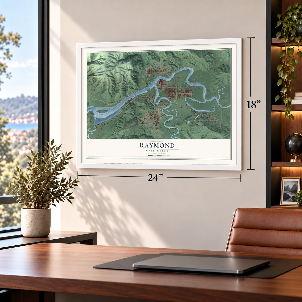 Raymond, Washington map, 18 x 24 inch print in a white frame in a home office