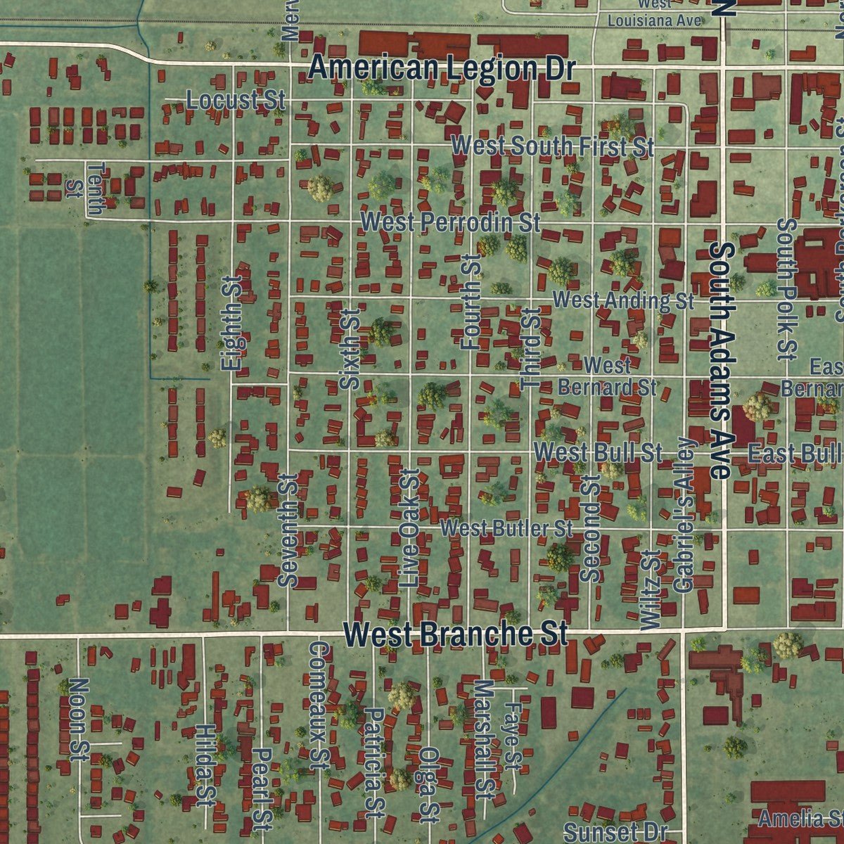 Second close-up of the map of Rayne, Louisiana print showing more streets and buildings