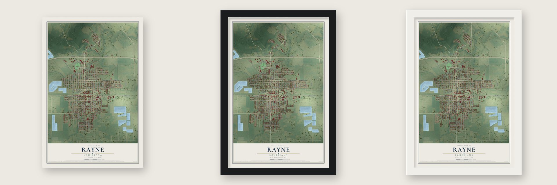 Rayne, Louisiana map unframed, in a black wood frame and in a white wood frame