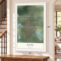 Rayne, Louisiana map, 24 x 36 inch print in a white frame by a staircase