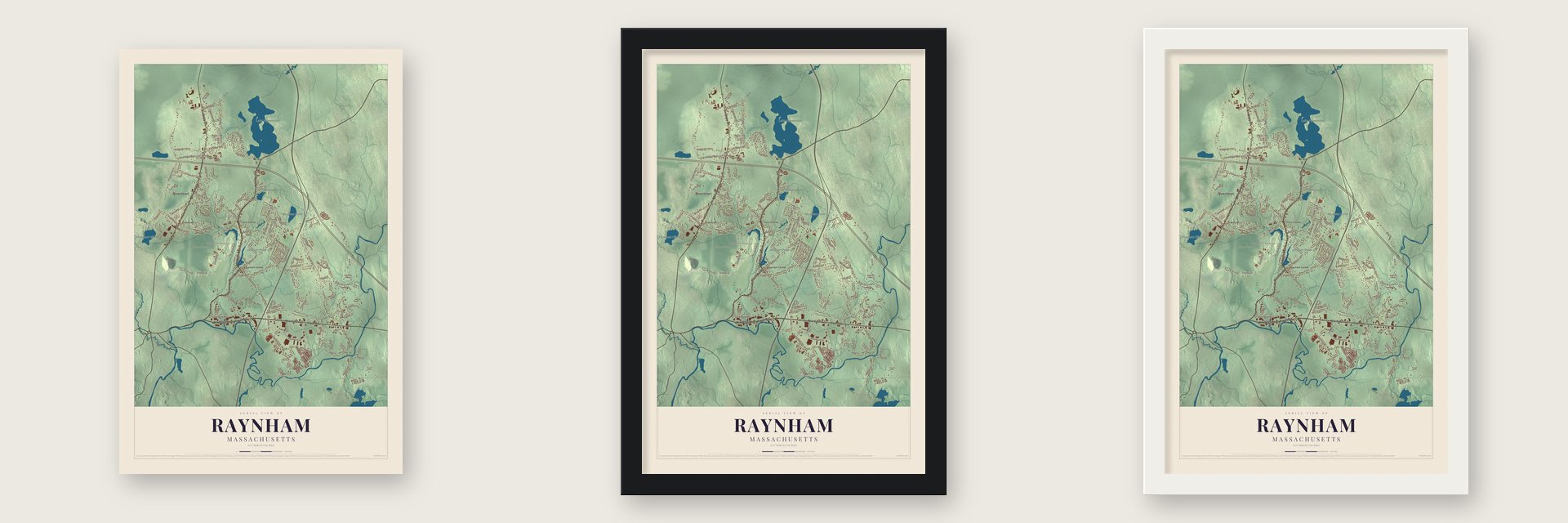 Raynham, Massachusetts map unframed, in a black wood frame and in a white wood frame