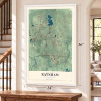 Raynham, Massachusetts map, 24 x 36 inch print in a white frame by a staircase