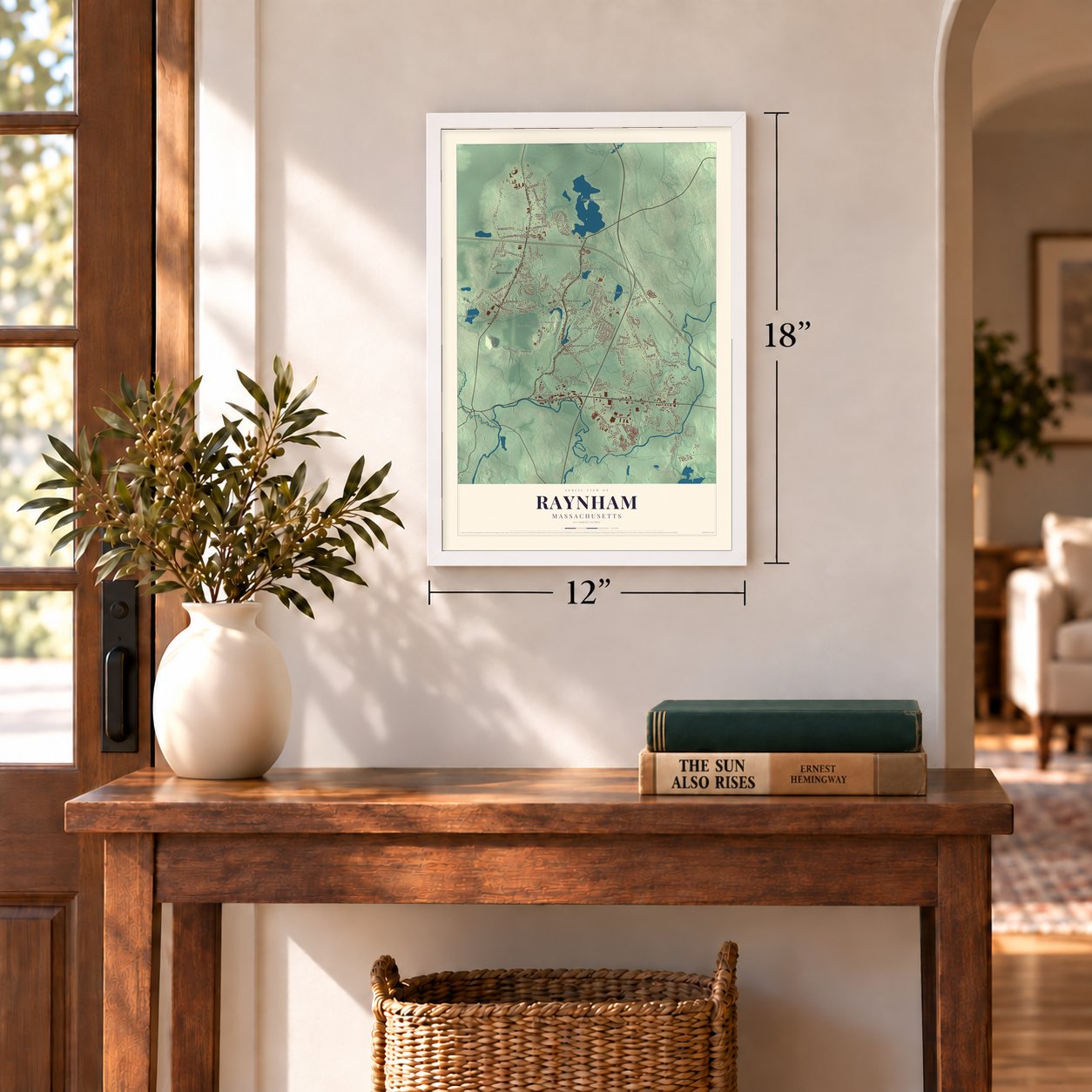 Raynham, Massachusetts map, 12 x 18 inch print in a white frame in an entryway