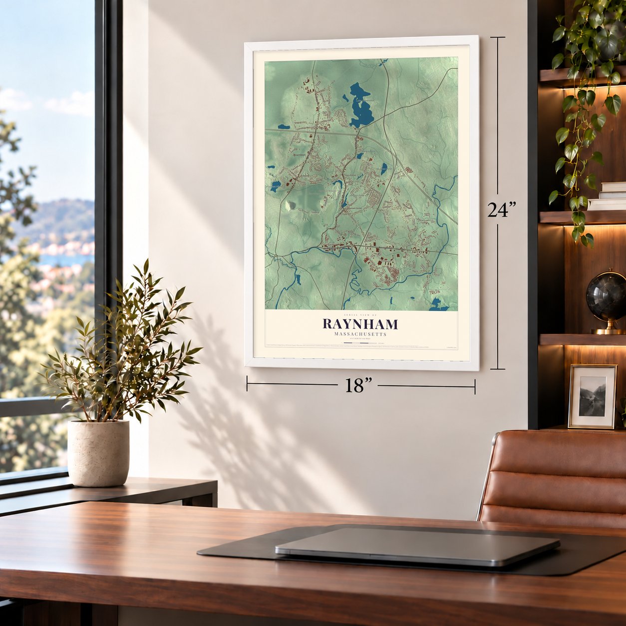 Raynham, Massachusetts map, 18 x 24 inch print in a white frame in a home office