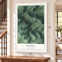 Raysal, West Virginia map, 24 x 36 inch print in a white frame by a staircase