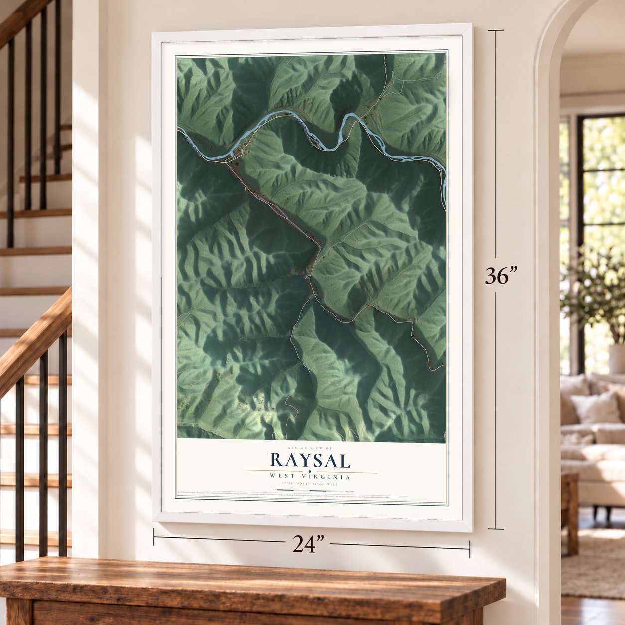 Raysal, West Virginia map, 24 x 36 inch print in a white frame by a staircase