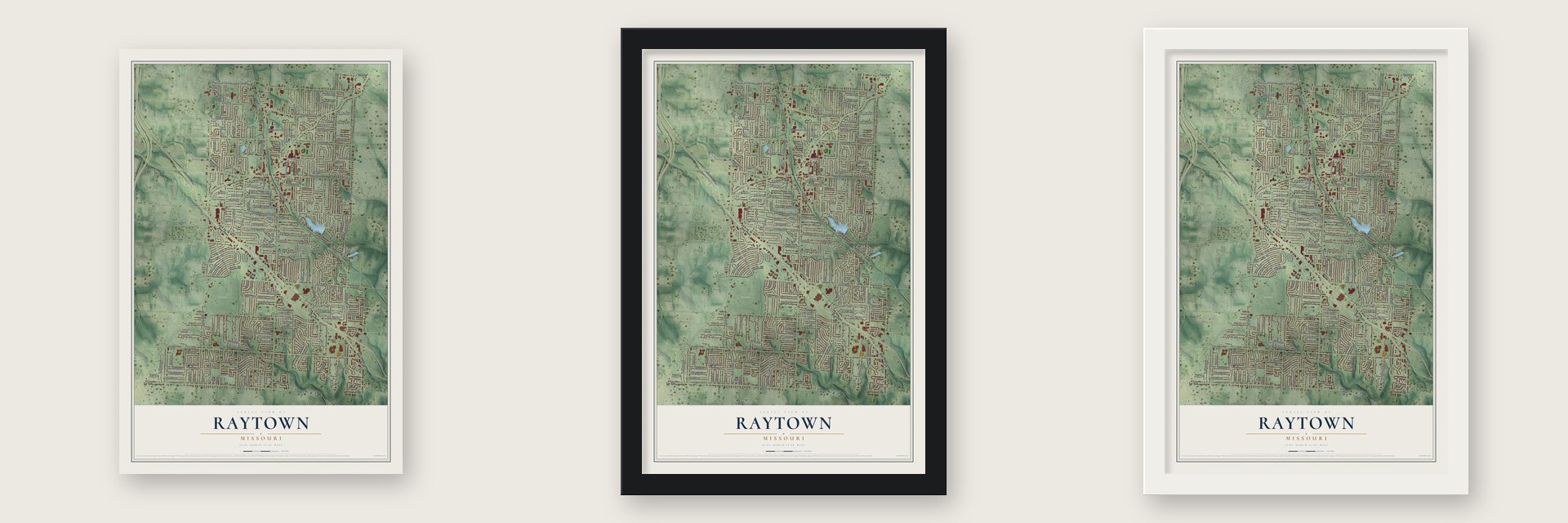 Raytown, Missouri map unframed, in a black wood frame and in a white wood frame