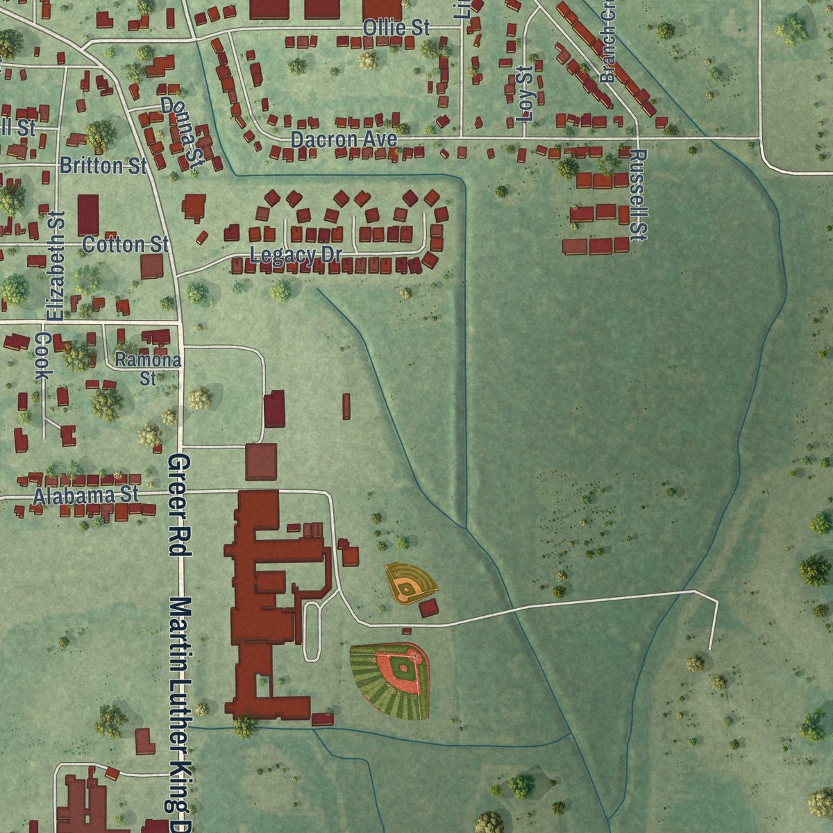 Second close-up of the map of Rayville, Louisiana print showing more streets and buildings