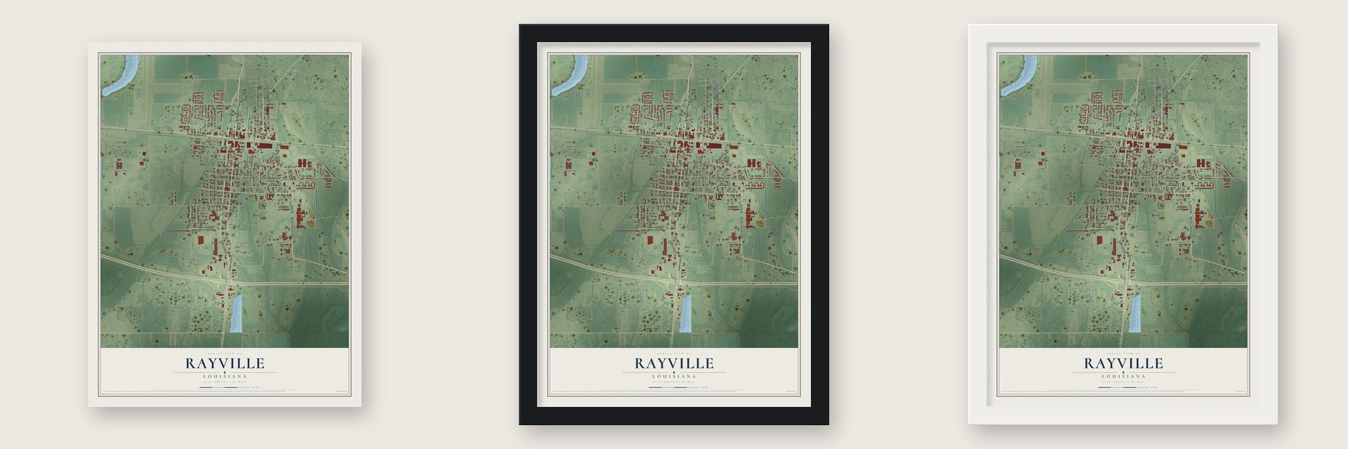Rayville, Louisiana map unframed, in a black wood frame and in a white wood frame