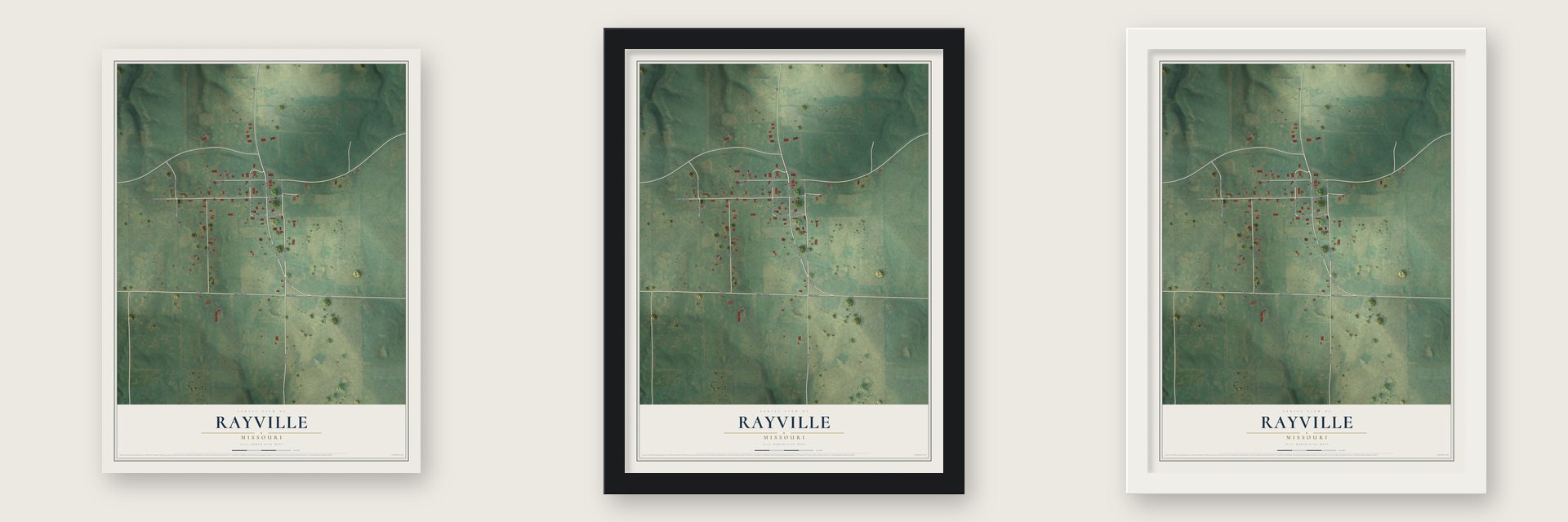 Rayville, Missouri map unframed, in a black wood frame and in a white wood frame