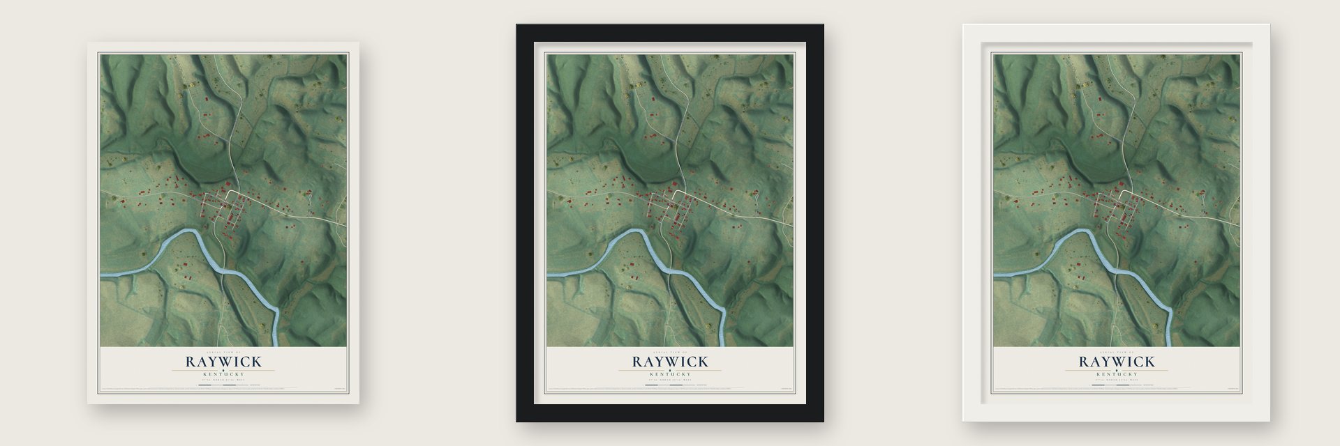 Raywick, Kentucky map unframed, in a black wood frame and in a white wood frame