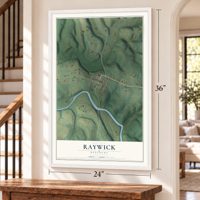 Raywick, Kentucky map, 24 x 36 inch print in a white frame by a staircase