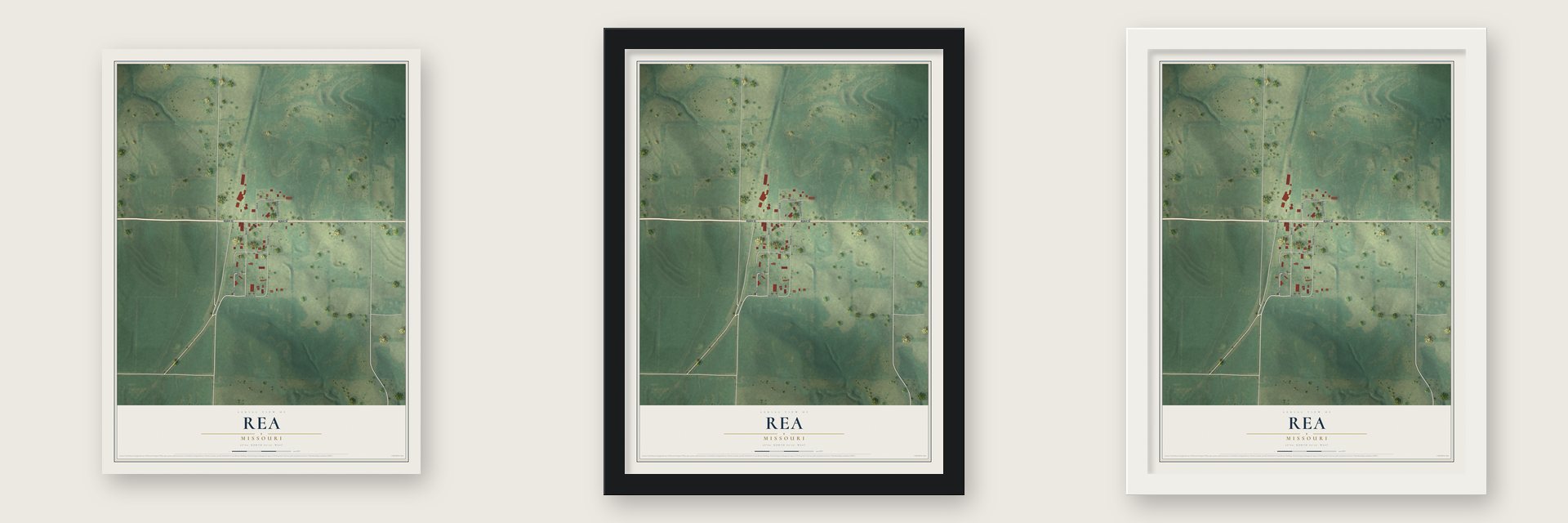 Rea, Missouri map unframed, in a black wood frame and in a white wood frame