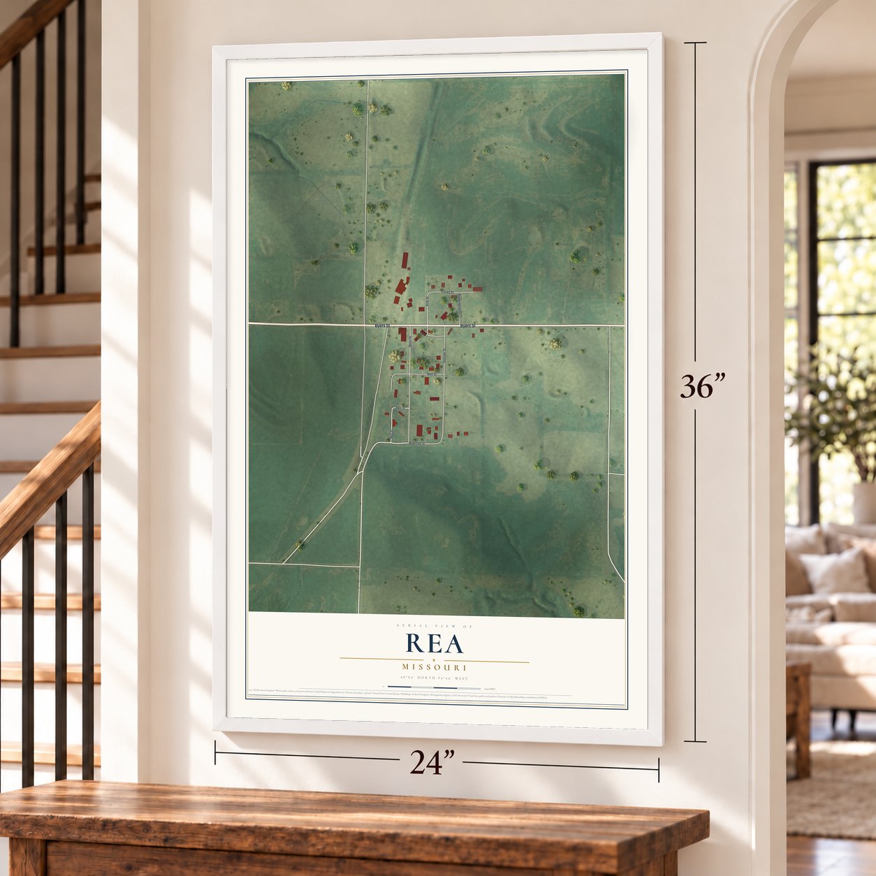 Rea, Missouri map, 24 x 36 inch print in a white frame by a staircase