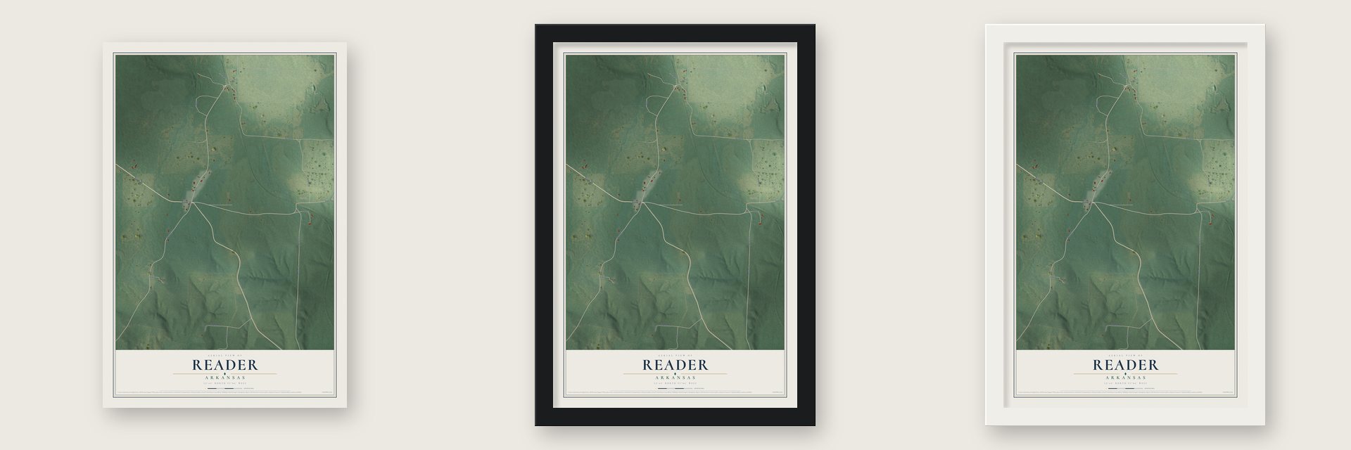 Reader, Arkansas map unframed, in a black wood frame and in a white wood frame