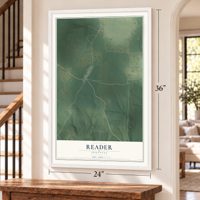 Reader, Arkansas map, 24 x 36 inch print in a white frame by a staircase