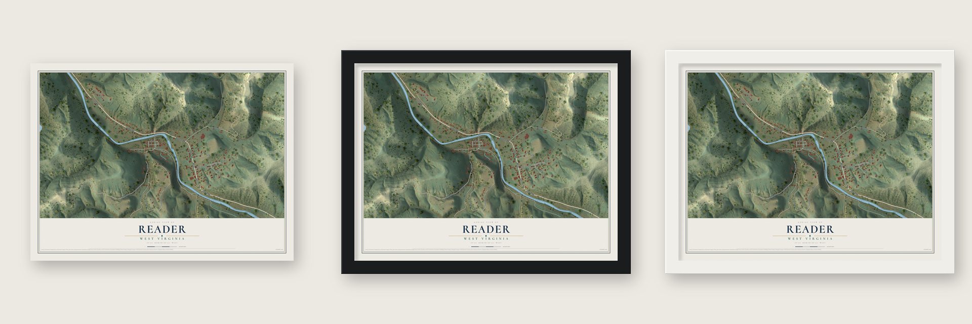 Reader, West Virginia map unframed, in a black wood frame and in a white wood frame