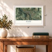 Reader, West Virginia map, 12 x 18 inch print in a white frame in an entryway