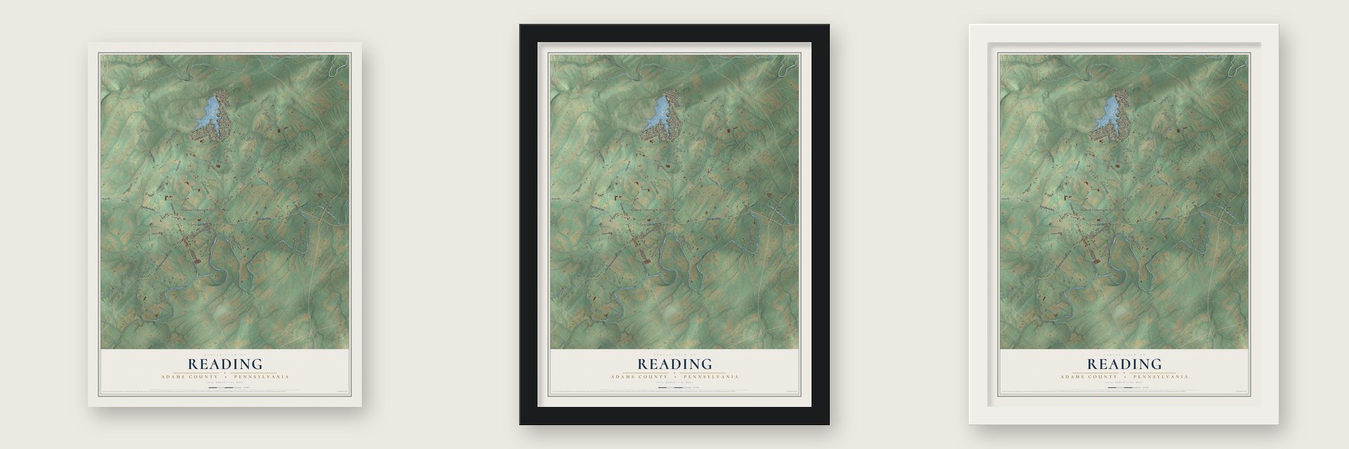 Reading, Adams County, Pennsylvania map unframed, in a black wood frame and in a white wood frame