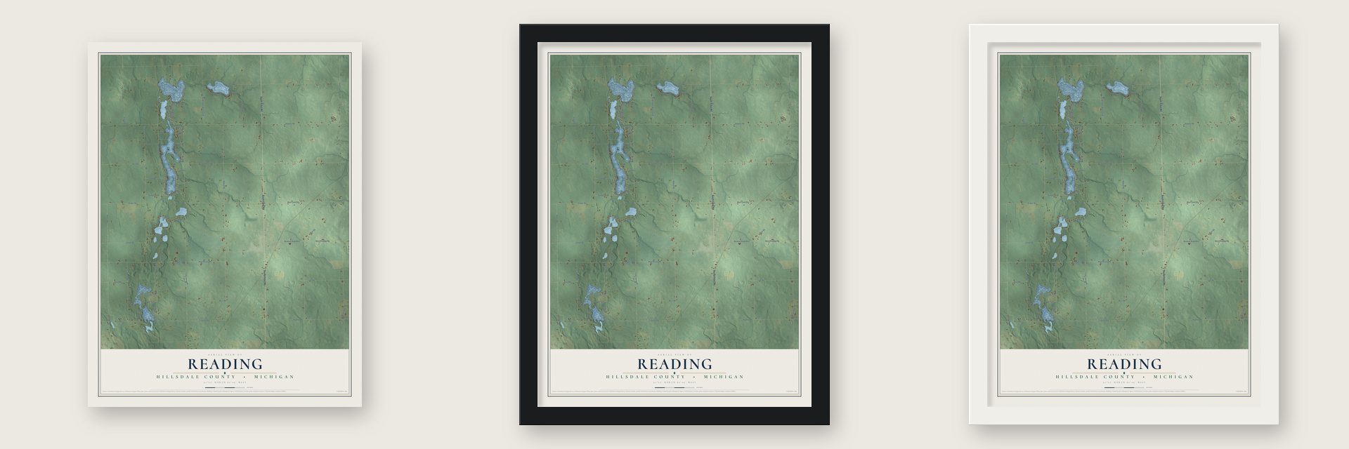 Reading, Hillsdale County, Michigan map unframed, in a black wood frame and in a white wood frame