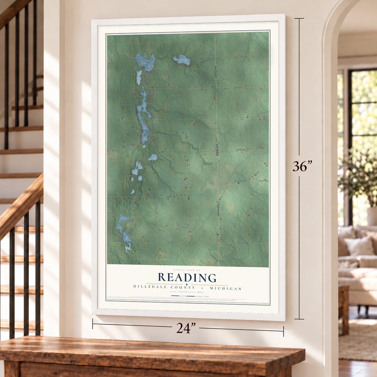 Reading, Hillsdale County, Michigan map, 24 x 36 inch print in a white frame by a staircase