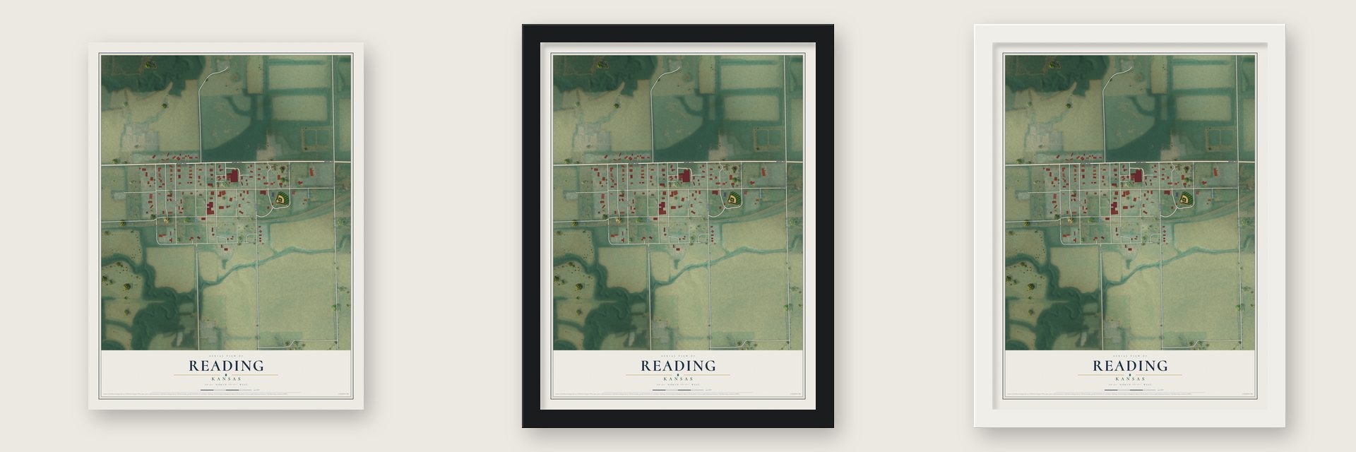 Reading, Kansas map unframed, in a black wood frame and in a white wood frame