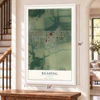 Reading, Kansas map, 24 x 36 inch print in a white frame by a staircase