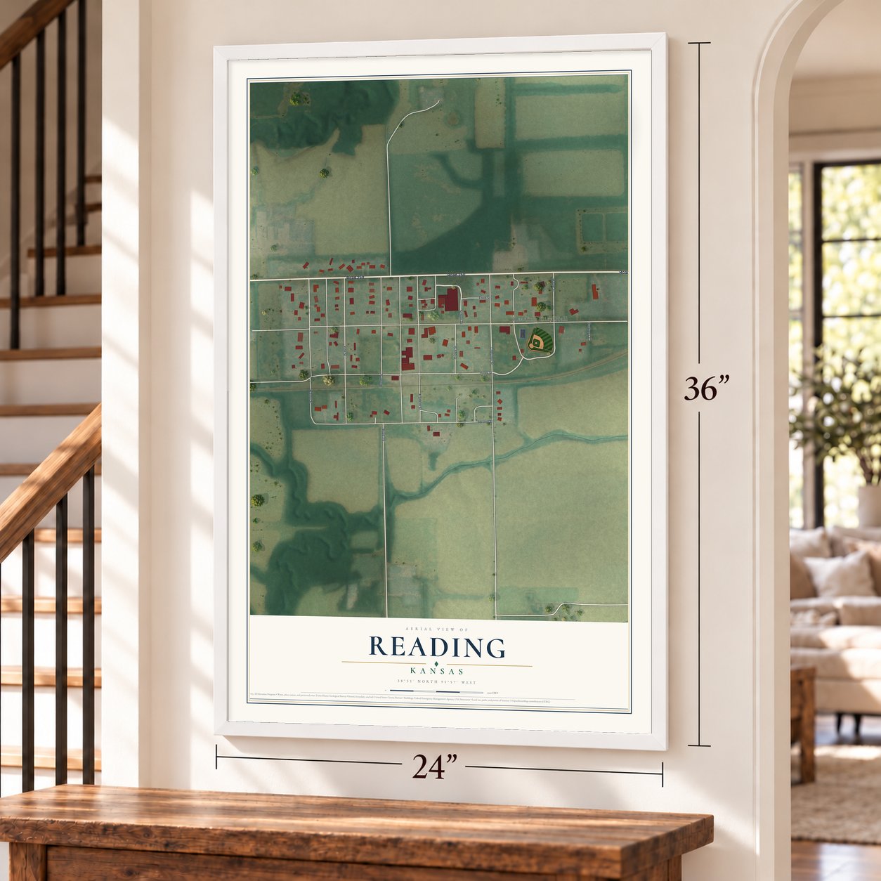 Reading, Kansas map, 24 x 36 inch print in a white frame by a staircase