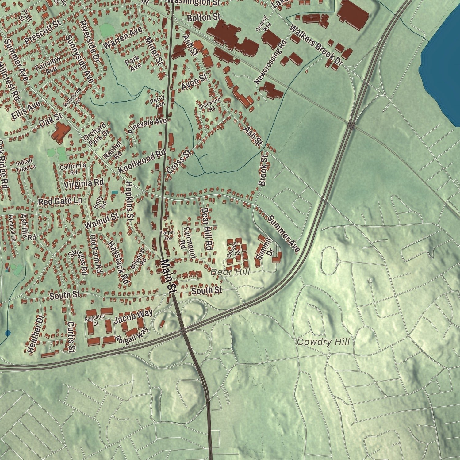 Close-up of the map of Reading, Massachusetts print showing terrain and local geography