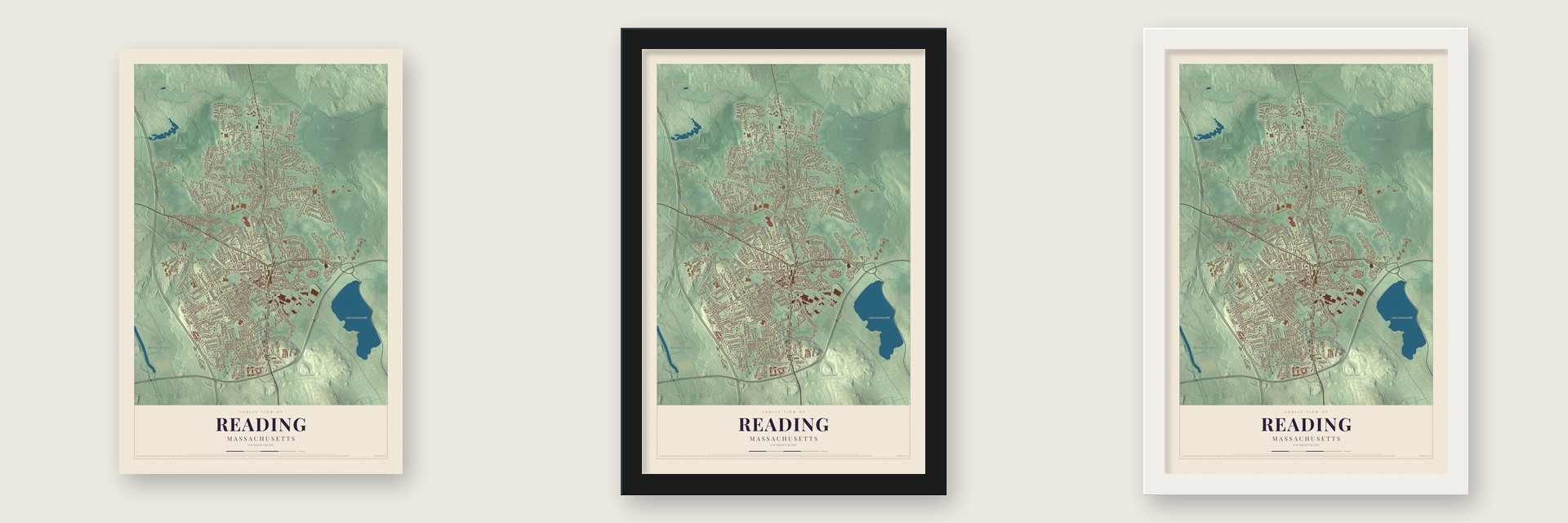 Reading, Massachusetts map unframed, in a black wood frame and in a white wood frame