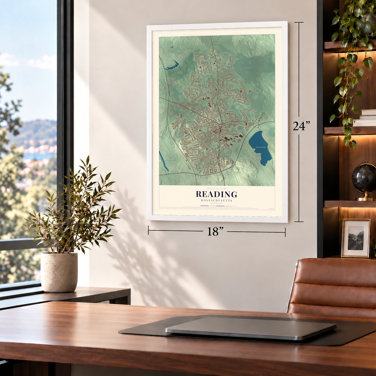 Reading, Massachusetts map, 18 x 24 inch print in a white frame in a home office