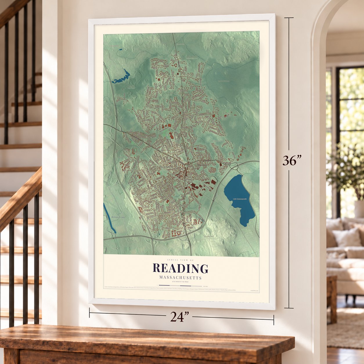 Reading, Massachusetts map, 24 x 36 inch print in a white frame by a staircase