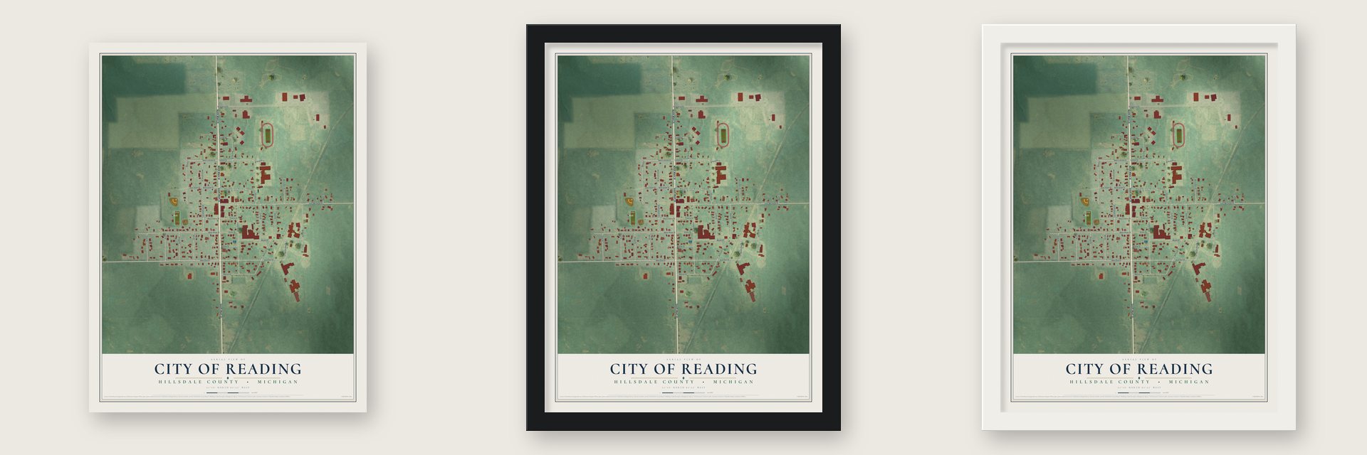 Reading, Michigan map unframed, in a black wood frame and in a white wood frame