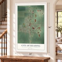 Reading, Michigan map, 24 x 36 inch print in a white frame by a staircase