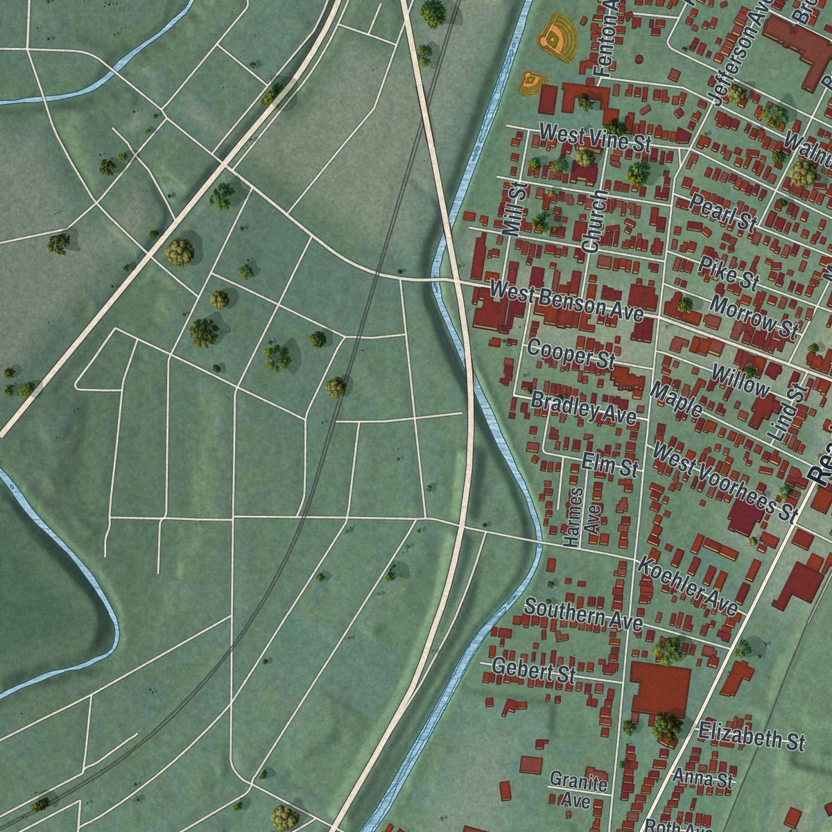 Second close-up of the map of Reading, Ohio print showing more streets and buildings