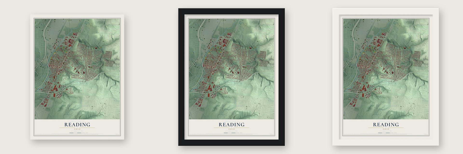Reading, Ohio map unframed, in a black wood frame and in a white wood frame